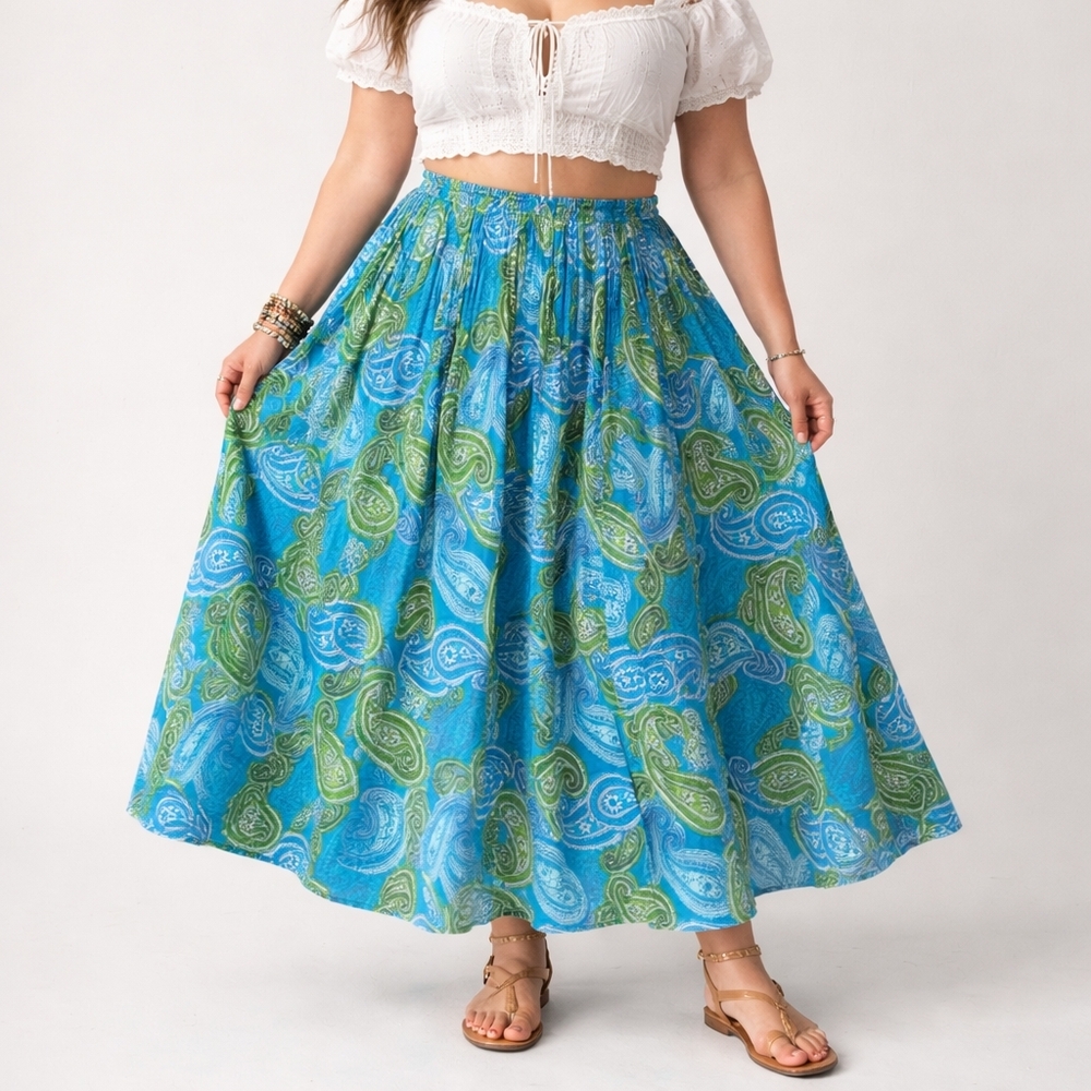 MILLENIUM Size 18 Blue & Green Paisley Elastic Waist Pleated Boho Maxi Skirt